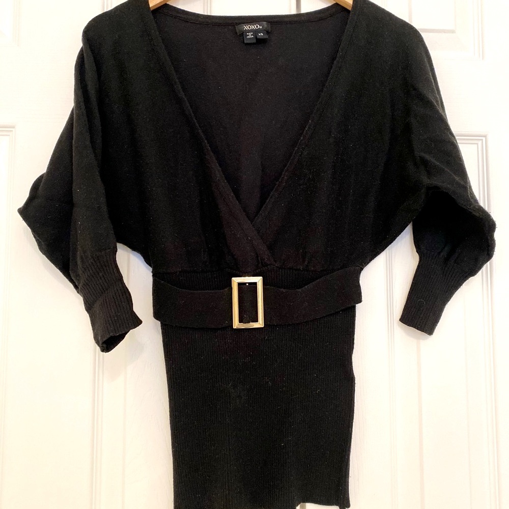XOXO Black V Neck Sweater Silver front buckle